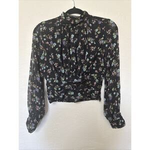Zara Crop Black Sheer Floral Blouse Y2K Long Sleeve high mock neck keyhole sz S